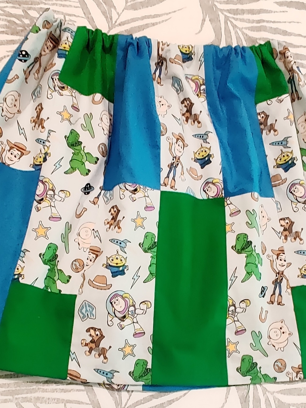 Women's Patchwork Toy Story Print Skirt in Green & Blue Elastic Drawstring